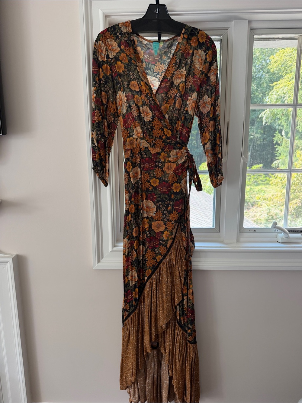 FARM Rio Floral Wrap Maxi Dress in Burgundy, Mustard, and Black - Picture 1 of 3